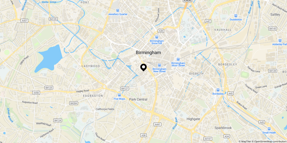 Approximate location of Navigation Street, Birmingham, B5 4AB